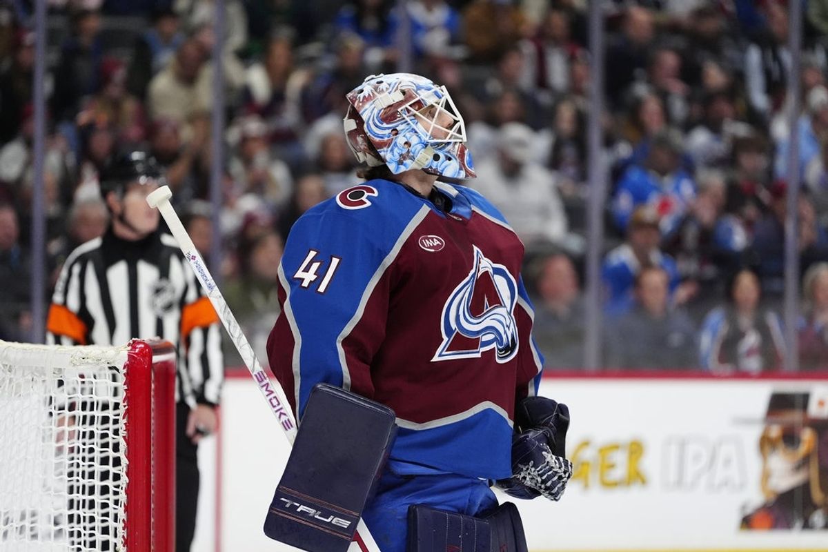Dec 2, 2025; Denver, Colorado, USA; Colorado Avalanche goaltender Scott Wedgewood (41) during the first period against the Vancouver Canucks at Ball Arena. Mandatory Credit: Ron Chenoy-Imagn Images