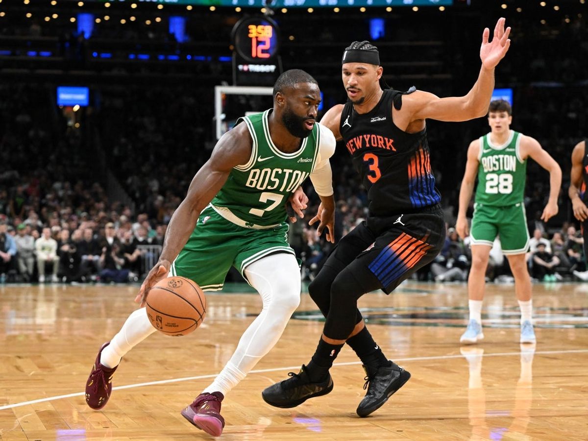Dec 2, 2025; Boston, Massachusetts, USA; Boston Celtics guard Jaylen Brown (7) drives to the basket against the New York Knicks during the second half at the TD Garden. Mandatory Credit: Brian Fluharty-Imagn Images