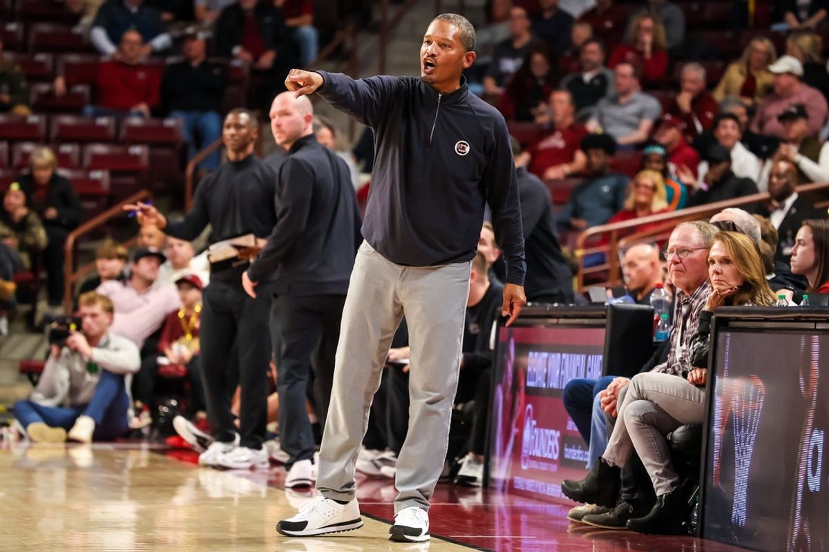 Dec 2, 2025; Columbia, South Carolina, USA; South Carolina Gamecocks head coach Lamont Paris directs his team against the Virginia Tech Hokies in the second half at Colonial Life Arena. Mandatory Credit: Jeff Blake-Imagn Images