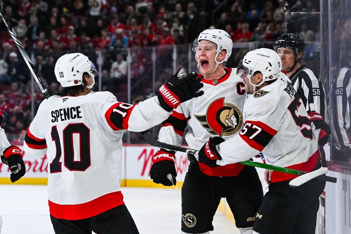 Dec 2, 2025; Montreal, Quebec, CAN; Ottawa Senators left wing Brady Tkachuk (7) celebrates with his teammates his goal against the Montreal Canadiens during the third period at Bell Centre. Mandatory Credit: David Kirouac-Imagn Images