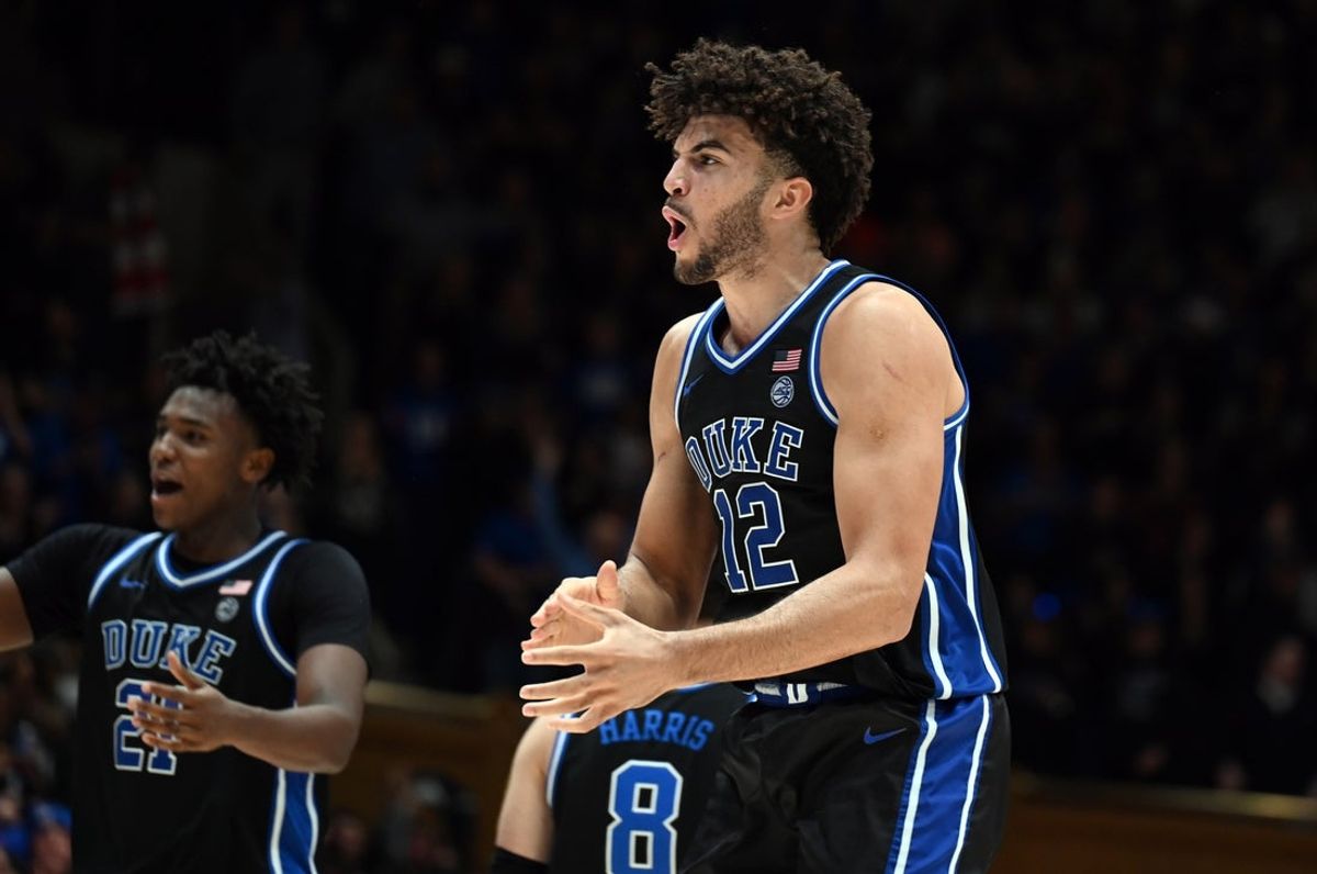 Duke Blue Devils forward Cameron Boozer (12) reacts during the second half against the Florida Gators at Cameron Indoor Stadium.  The Blue Devils won 67-66. Mandatory Credit: Rob Kinnan-Imagn Images
