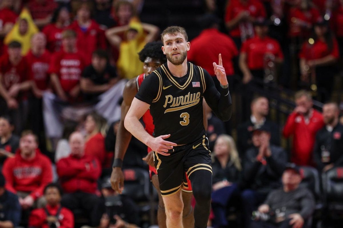 Dec 2, 2025; Piscataway, New Jersey, USA; Purdue Boilermakers guard Braden Smith (3) reacts after a three point basket during the second half against the Rutgers Scarlet Knights at Jersey Mike's Arena. Mandatory Credit: Vincent Carchietta-Imagn Images
