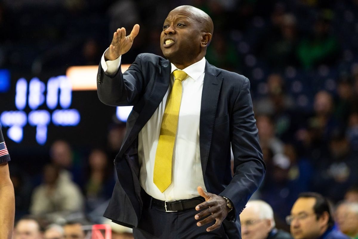 Dec 2, 2025; South Bend, Indiana, USA; Missouri Tigers head coach Dennis Gates shouts towards the court against the Notre Dame Fighting Irish during the first half at Purcell Pavilion at the Joyce Center. Mandatory Credit: Michael Caterina-Imagn Images