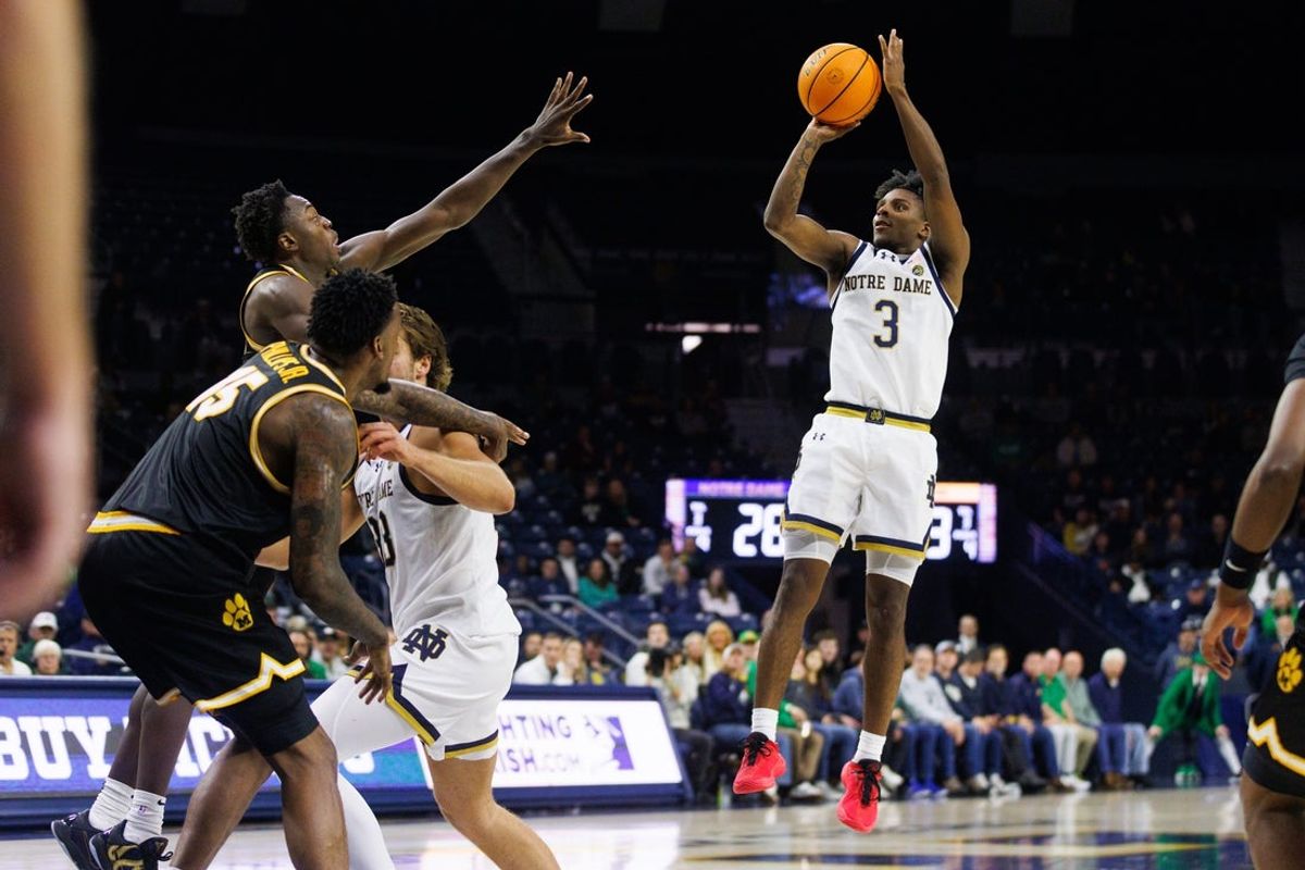 Notre Dame guard Markus Burton (3) shoots the ball during a NCAA men's basketball game against Missouri at Purcell Pavilion on Tuesday, Dec. 2, 2025, in South Bend.