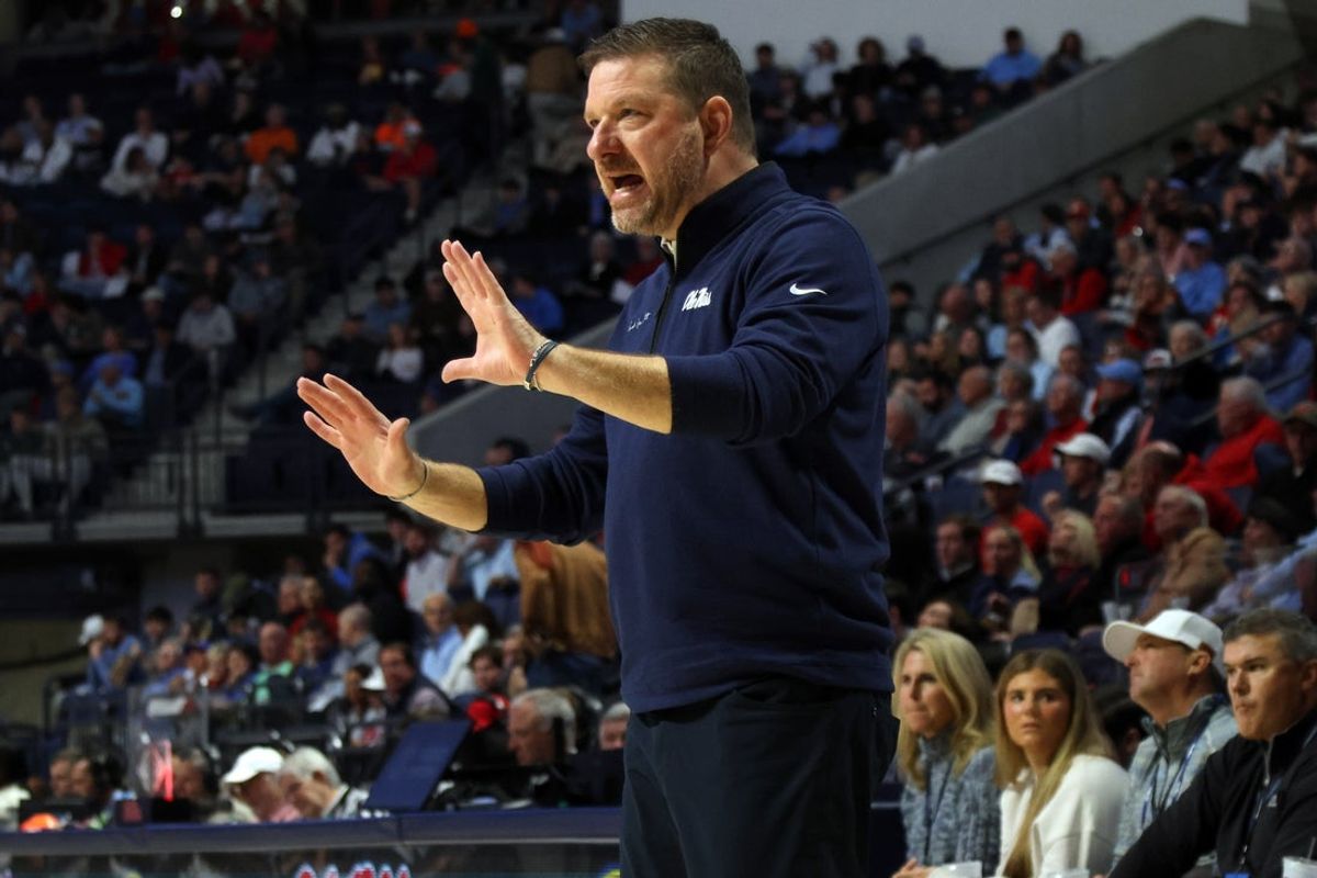 Dec 2, 2025; Oxford, Mississippi, USA; Mississippi Rebels head coach Chris Beard reacts during the first half against the Miami Hurricanes at The Sandy and John Black Pavilion at Ole Miss. Mandatory Credit: Petre Thomas-Imagn Images