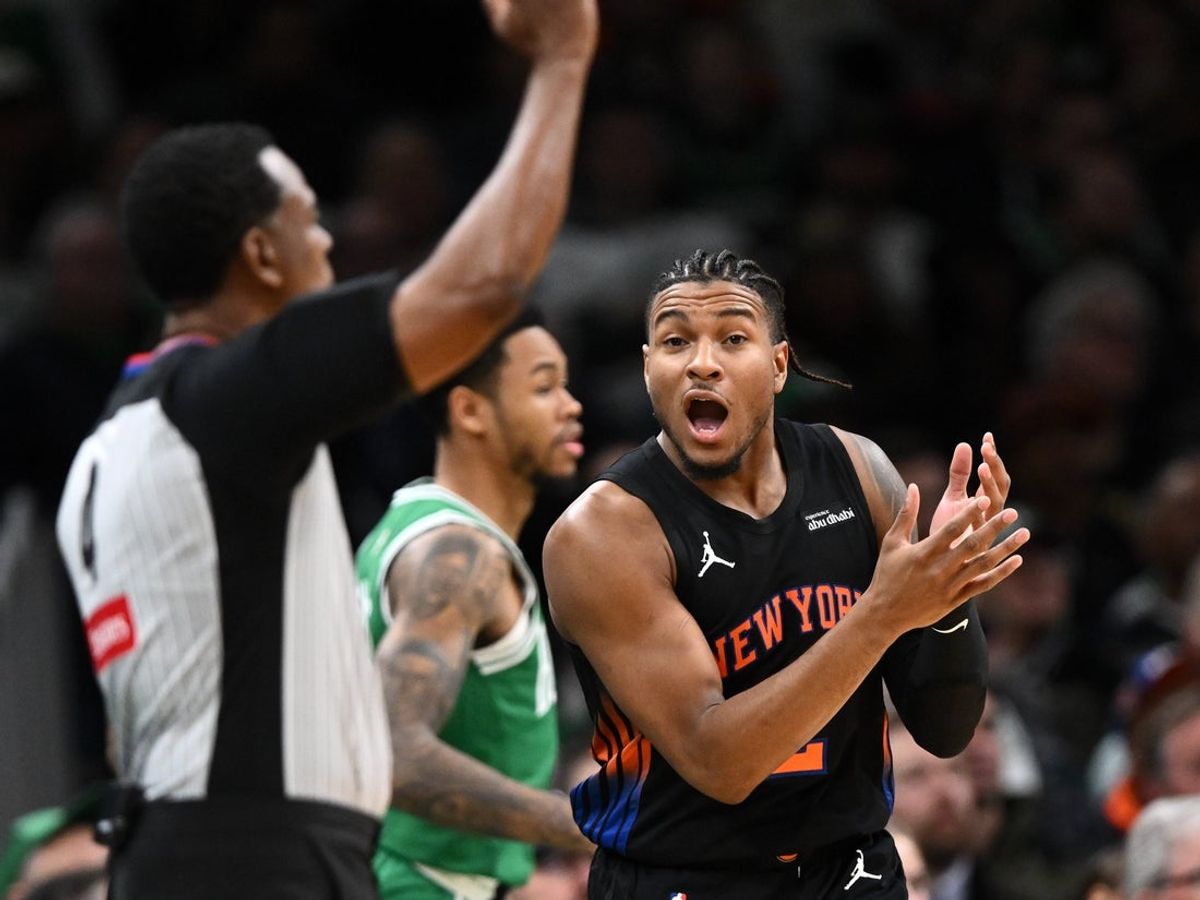 Dec 2, 2025; Boston, Massachusetts, USA; New York Knicks guard Miles McBride (2) reacts after being called for a foul during the second half of a game against the Boston Celtics at the TD Garden. Mandatory Credit: Brian Fluharty-Imagn Images