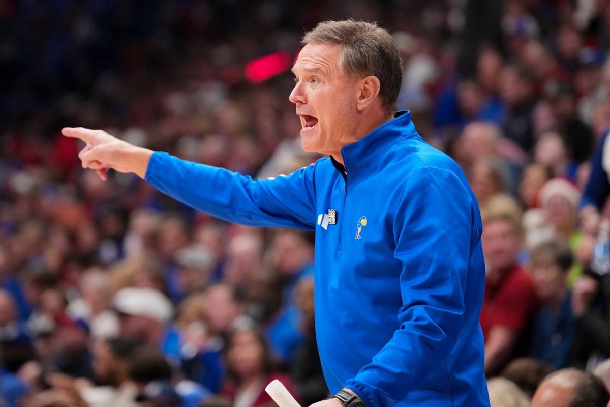 Dec 2, 2025; Lawrence, Kansas, USA; Kansas Jayhawks head coach Bill Self reacts to play against the UConn Huskies during the second half of the game at Allen Fieldhouse. Mandatory Credit: Denny Medley-Imagn Images