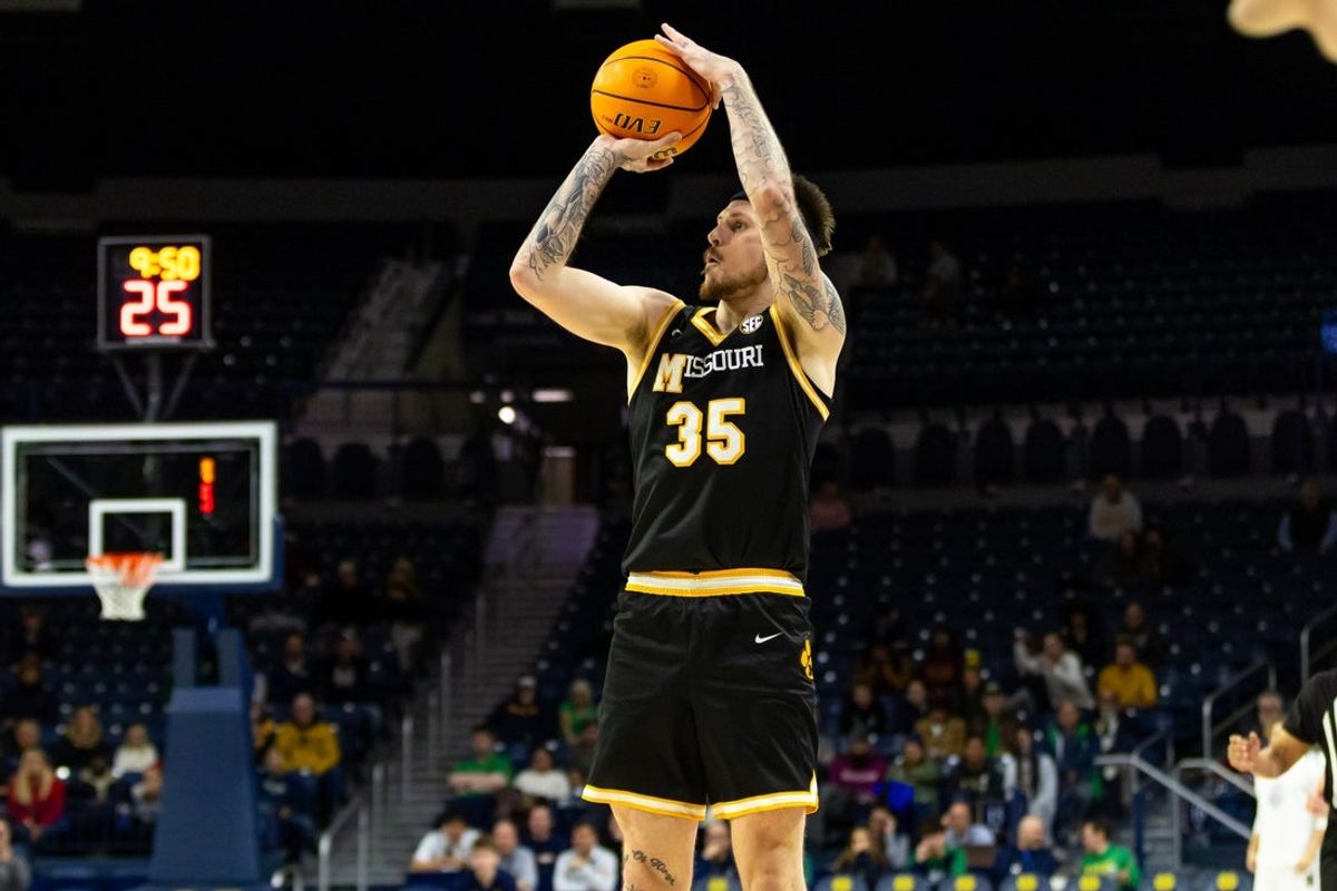 Dec 2, 2025; South Bend, Indiana, USA; Missouri Tigers guard Jacob Crews (35) shoots against the Notre Dame Fighting Irish during the second half at Purcell Pavilion at the Joyce Center. Mandatory Credit: Michael Caterina-Imagn Images