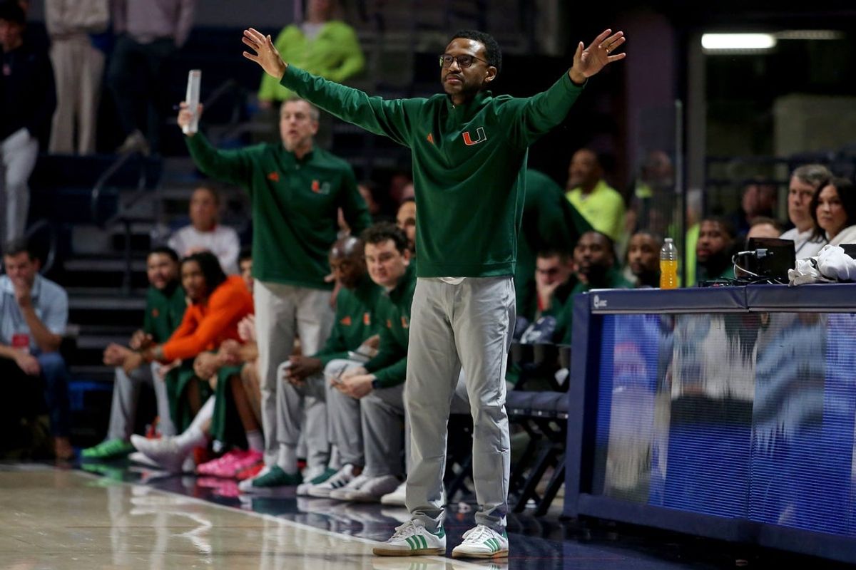 Dec 2, 2025; Oxford, Mississippi, USA; Miami Hurricanes head coach Jai Lucas reacts during the second half against the Mississippi Rebels at The Sandy and John Black Pavilion at Ole Miss. Mandatory Credit: Petre Thomas-Imagn Images