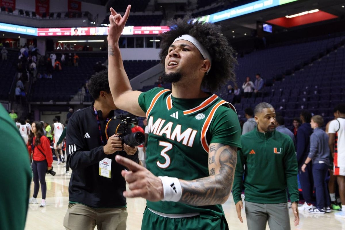 Dec 2, 2025; Oxford, Mississippi, USA; Miami Hurricanes guard Tre Donaldson (3) reacts after defeating the Mississippi Rebels at The Sandy and John Black Pavilion at Ole Miss. Mandatory Credit: Petre Thomas-Imagn Images