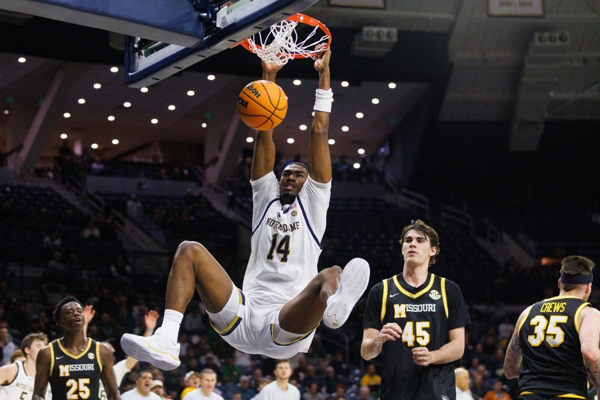 Notre Dame forward Kebba Njie (14) dunks the ball during a NCAA men's basketball game against Missouri at Purcell Pavilion on Tuesday, Dec. 2, 2025, in South Bend.