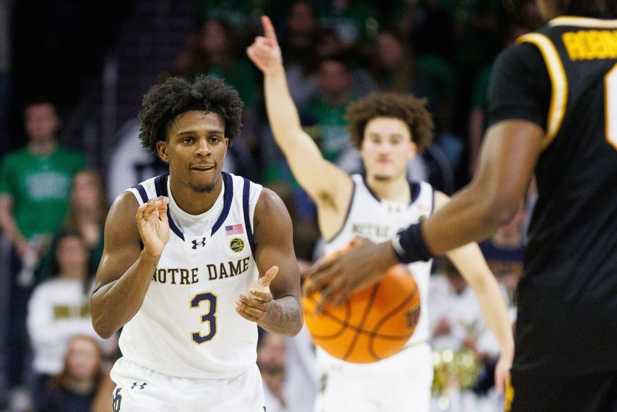 Notre Dame guard Markus Burton (3) celebrates after making a basket during a NCAA men's basketball game against Missouri at Purcell Pavilion on Tuesday, Dec. 2, 2025, in South Bend.