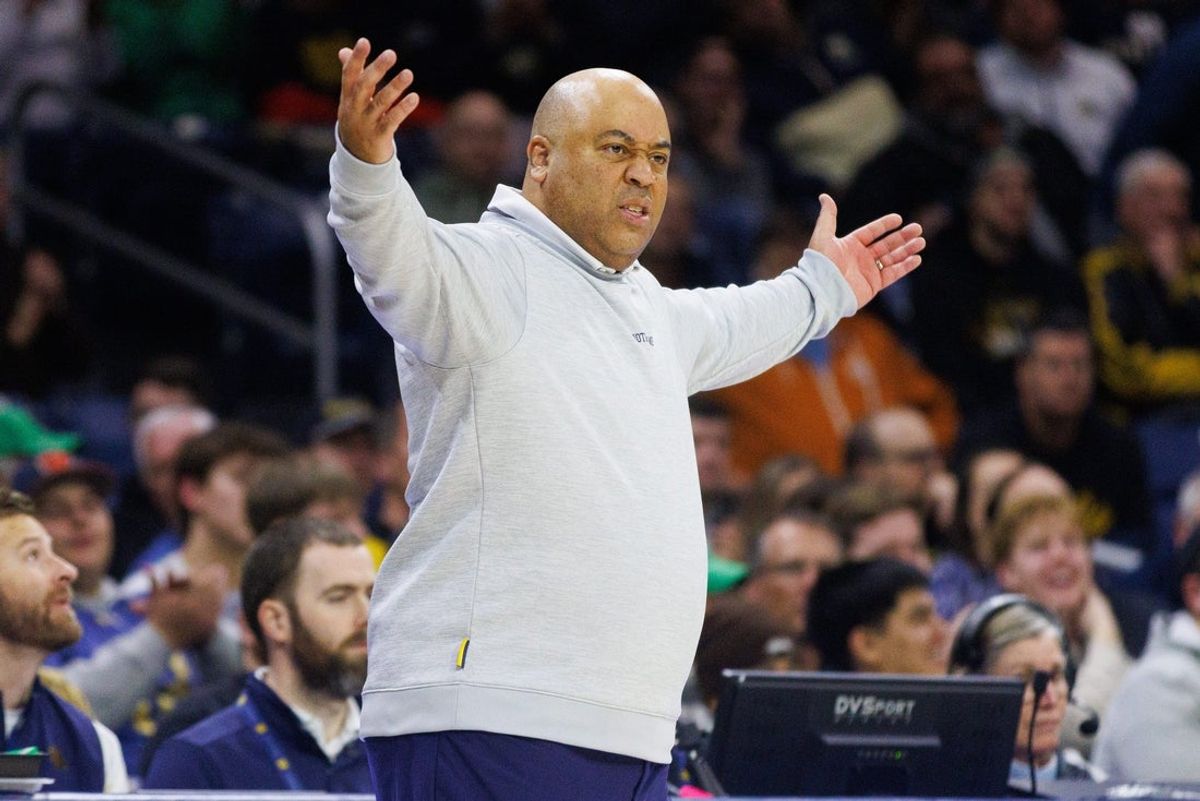 Notre Dame head coach Micah Shrewsberry reacts to a non-call during a NCAA men's basketball game against Missouri at Purcell Pavilion on Tuesday, Dec. 2, 2025, in South Bend.