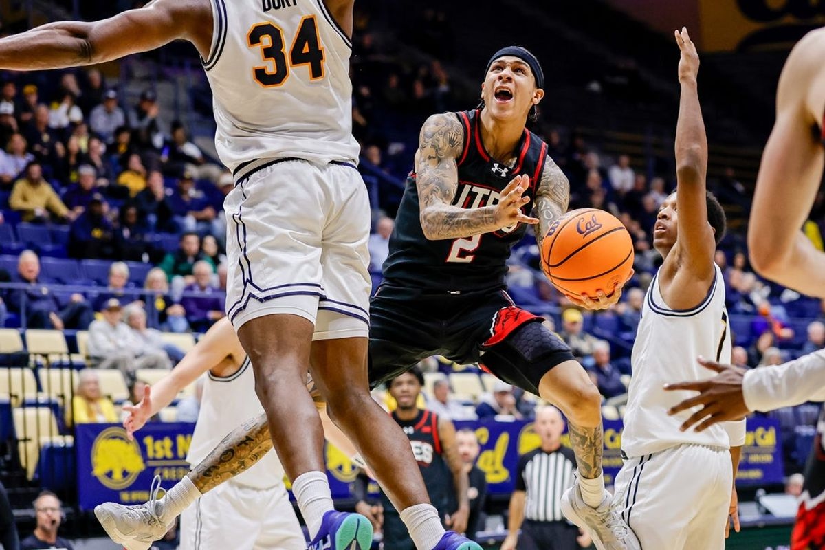 Dec 2, 2025; Berkeley, California, USA; Utah Utes guard Terrence Brown (2) puts up a shot during the second half against the California Golden Bears at Haas Pavilion. Mandatory Credit: Bob Kupbens-Imagn Images