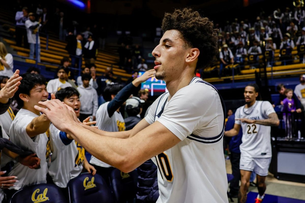 Dec 2, 2025; Berkeley, California, USA; California Golden Bears guard Justin Pippen (10) celebrates with fans after the game against the Utah Utes at Haas Pavilion. Mandatory Credit: Bob Kupbens-Imagn Images