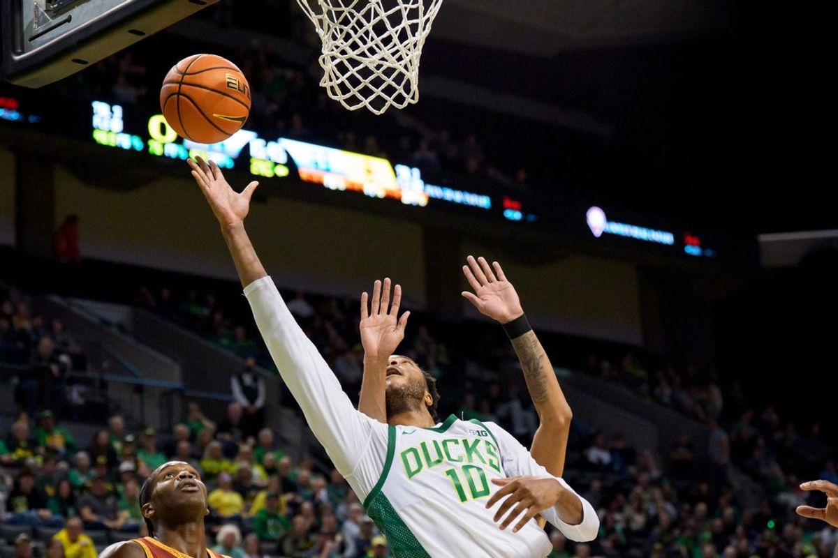 Oregon forward Kwame Evans Jr. goes up for a shot as the Oregon Ducks host the USC Trojans at Matthew Knight Arena in Eugene, Oregon on Dec. 2, 2025.