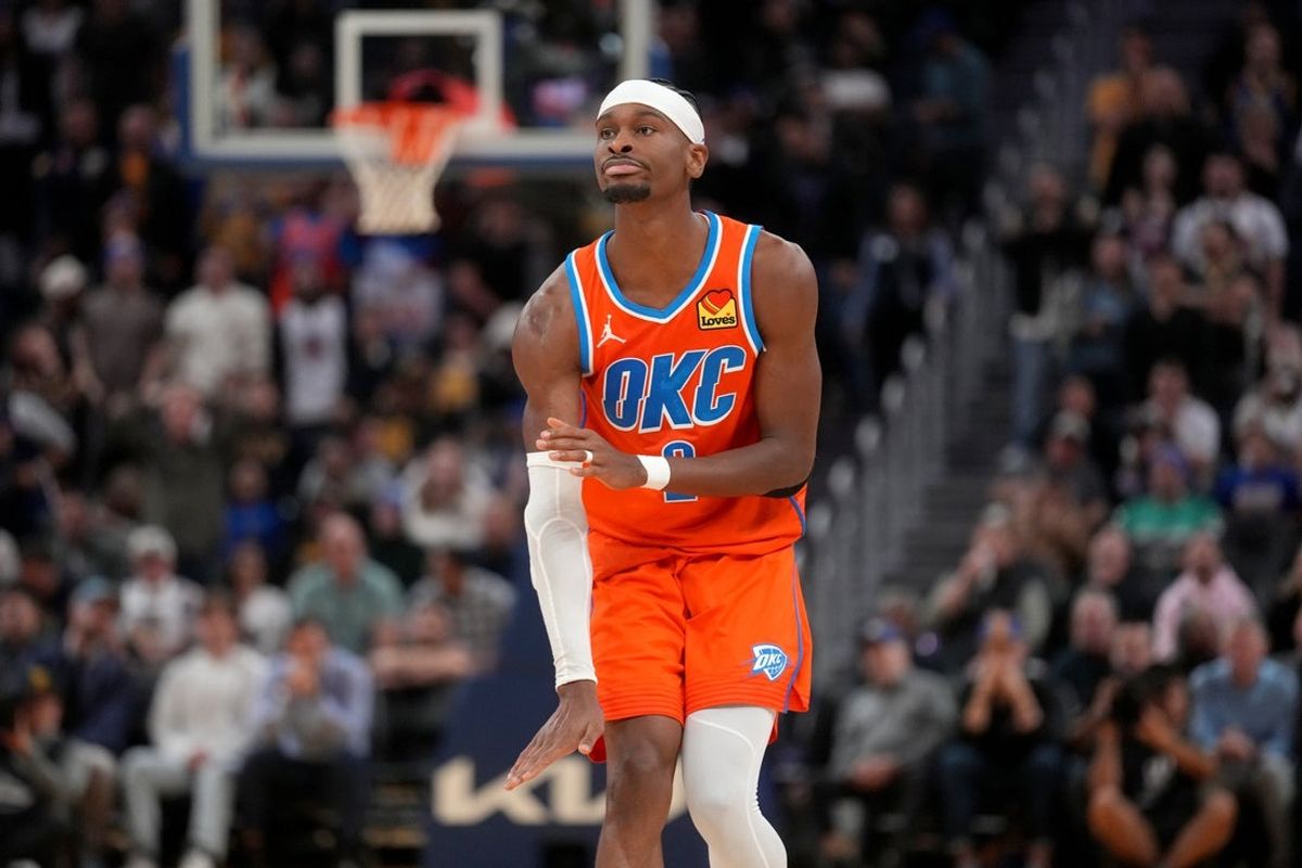 Dec 2, 2025; San Francisco, California, USA; Oklahoma City Thunder guard Shai Gilgeous-Alexander (2) reacts after making a basket against the Golden State Warriors in the fourth quarter at the Chase Center. Mandatory Credit: Cary Edmondson-Imagn Images