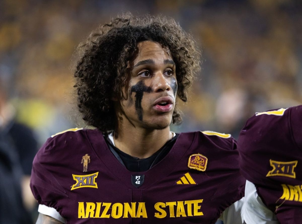 Nov 28, 2025; Tempe, Arizona, USA; Arizona State Sun Devils wide receiver Jordyn Tyson (0) against the Arizona Wildcats during the 99th Territorial Cup at Mountain America Stadium. Mandatory Credit: Mark J. Rebilas-Imagn Images
