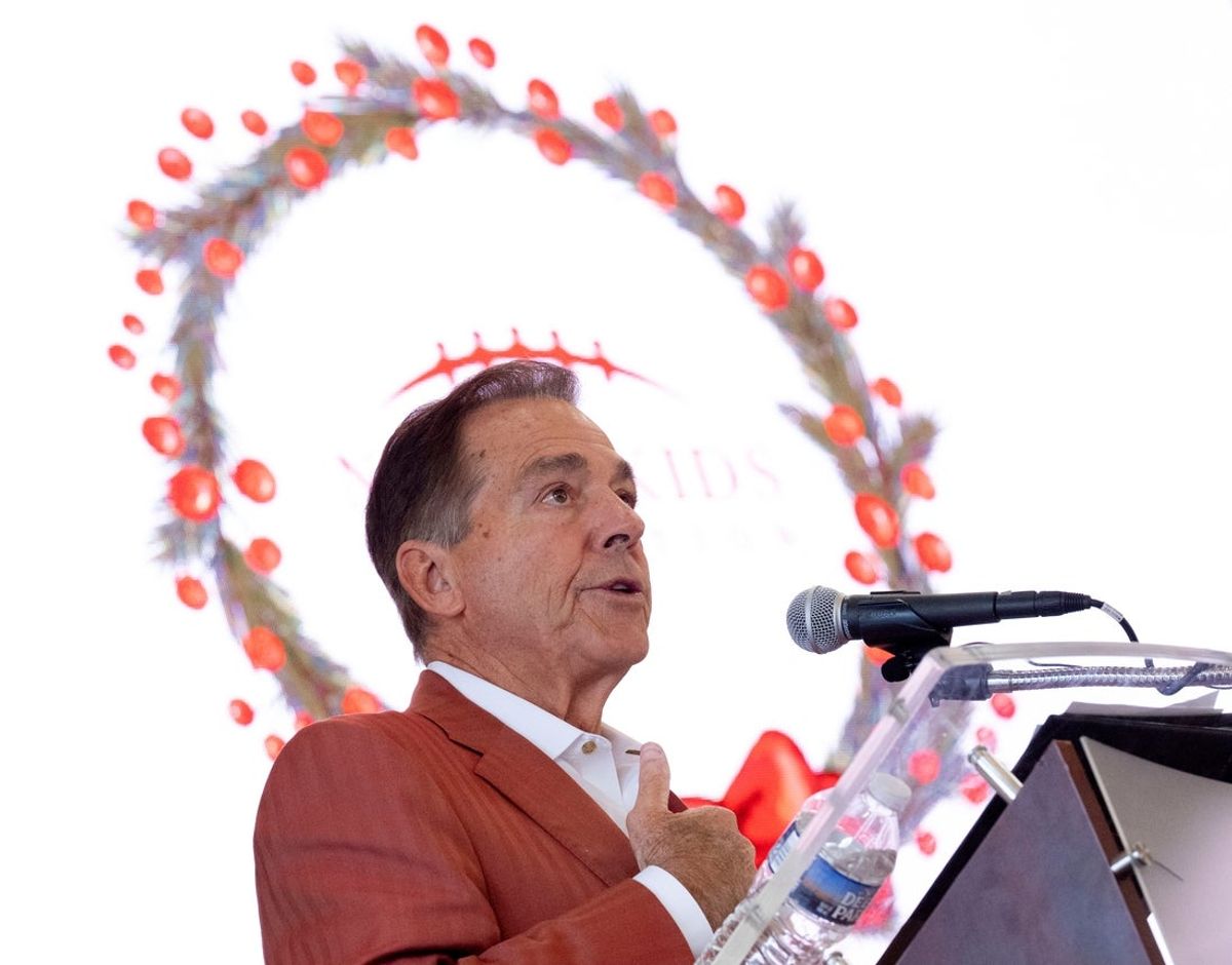 Dec. 3, 2025; Tuscaloosa, Alabama, USA; The Nick’s Kids Foundation Teacher Excellence Awards Luncheon honored 70 teachers from across West Alabama at Tuscaloosa River Market. This was the 14th year for the awards luncheon. Nick Saban speaks during the luncheon.