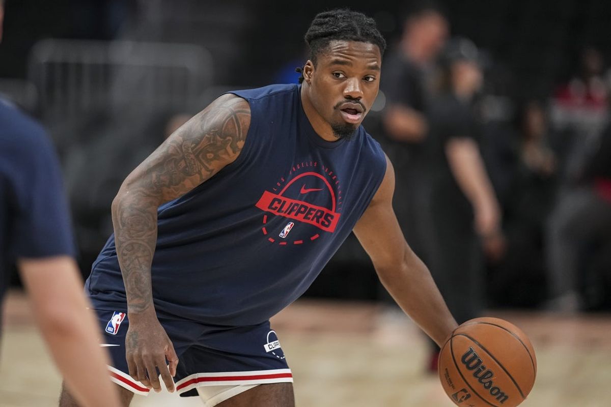 Dec 3, 2025; Atlanta, Georgia, USA; LA Clippers guard forward Jahmyl Telfort (19) on the court  before the game against the Atlanta Hawks at State Farm Arena. Mandatory Credit: Dale Zanine-Imagn Images