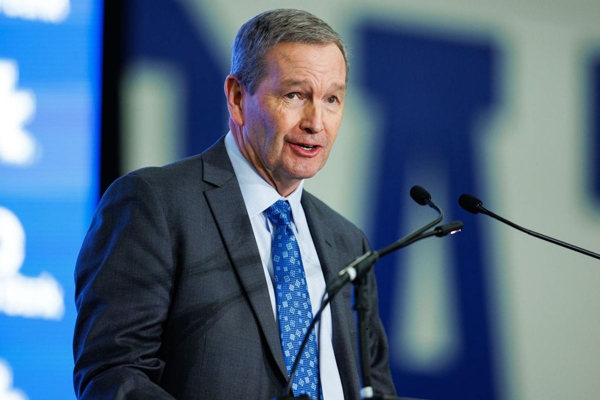 Dec 3, 2025; Lexington, KY, USA; Kentucky Wildcats athletic director Mitch Barnhart speaks during the introductory press conference for head football coach Will Stein at Nutter Field House. Mandatory Credit: Jordan Prather-Imagn Images