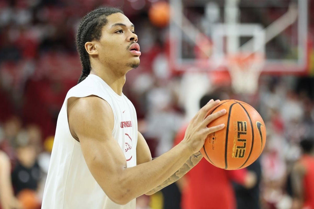 Dec 3, 2025; Fayetteville, Arkansas, USA; Arkansas Razorbacks guard Darius Acuff Jr prior to a game against the Louisville Cardinals at Bud Walton Arena. Mandatory Credit: Nelson Chenault-Imagn Images