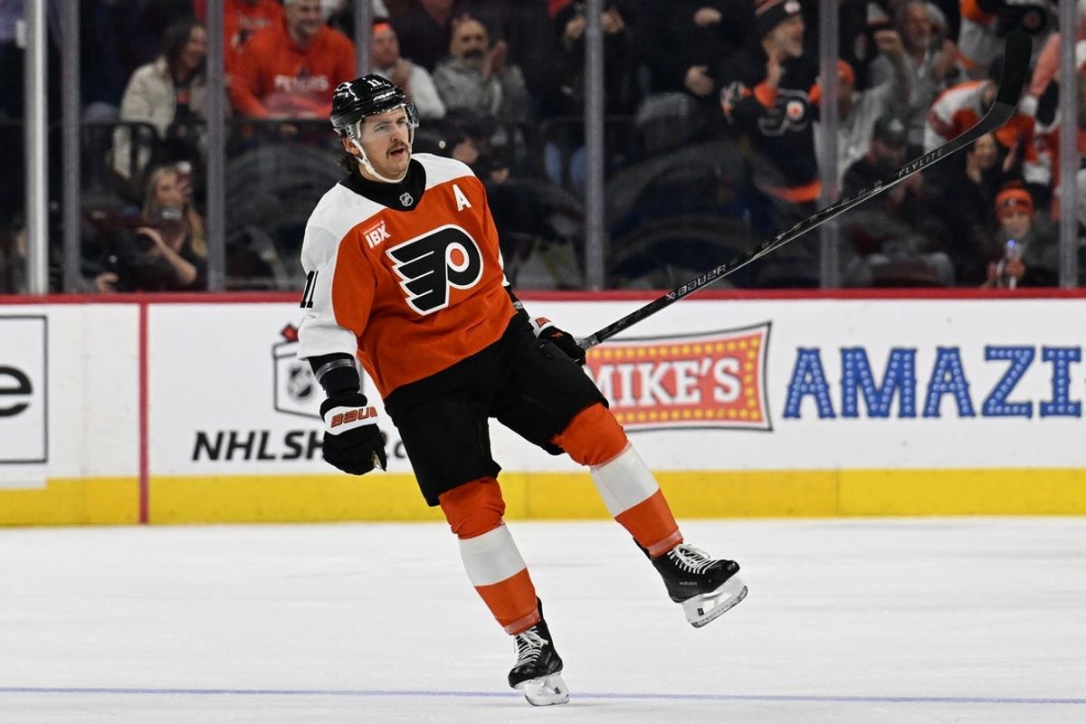 Dec 3, 2025; Philadelphia, Pennsylvania, USA; Philadelphia Flyers right wing Travis Konecny (11) celebrates his goal against the Buffalo Sabres during the first period at Xfinity Mobile Arena. Mandatory Credit: Eric Hartline-Imagn Images