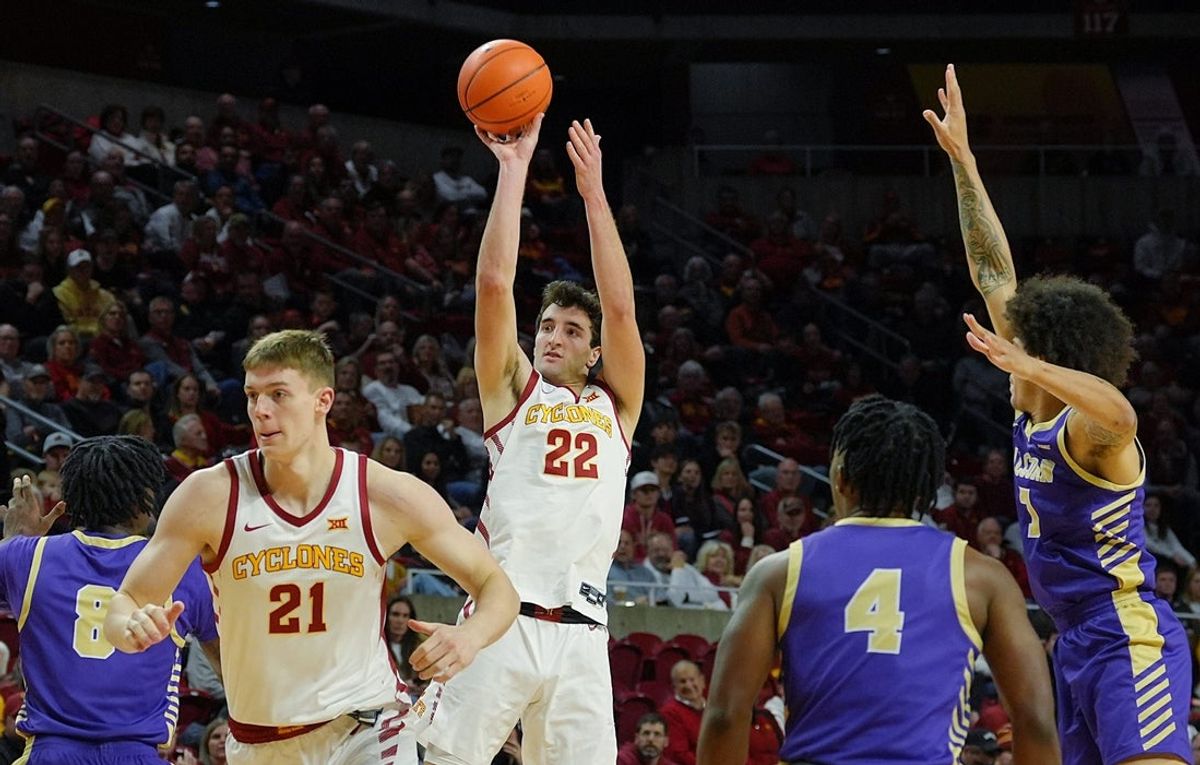 Iowa State Cyclones forward Milan Momcilovic (22) takes a three-point shot against Alcorn State Braves during the first half on Dec. 3, 2025, at Hilton Coliseum, in Ames, Iowa.