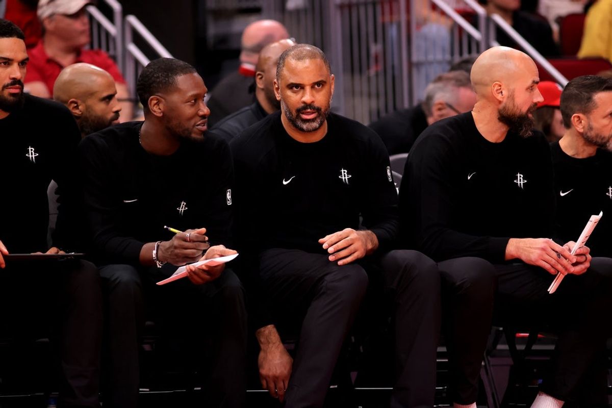 Dec 3, 2025; Houston, Texas, USA; Houston Rockets head coach Ime Udoka on the bench during the first quarter against the Sacramento Kings at Toyota Center. Mandatory Credit: Erik Williams-Imagn Images