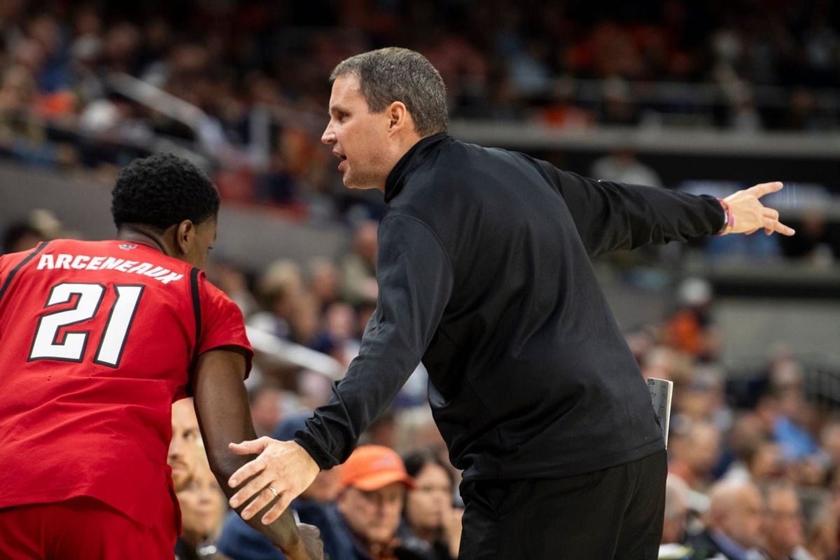 NC State Wolfpack head coach Will Wade talks with his bench as Auburn Tigers take on NC State Wolfpack at Neville Arena in Auburn, Ala. on Wednesday, Dec. 3, 2025.