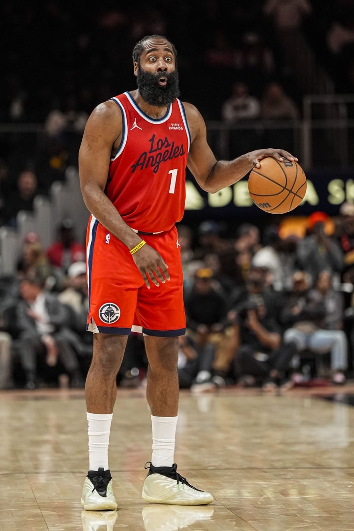 Dec 3, 2025; Atlanta, Georgia, USA; LA Clippers guard James Harden (1) gestures towards a teammate during the game against the Atlanta Hawks during the second half at State Farm Arena. Mandatory Credit: Dale Zanine-Imagn Images