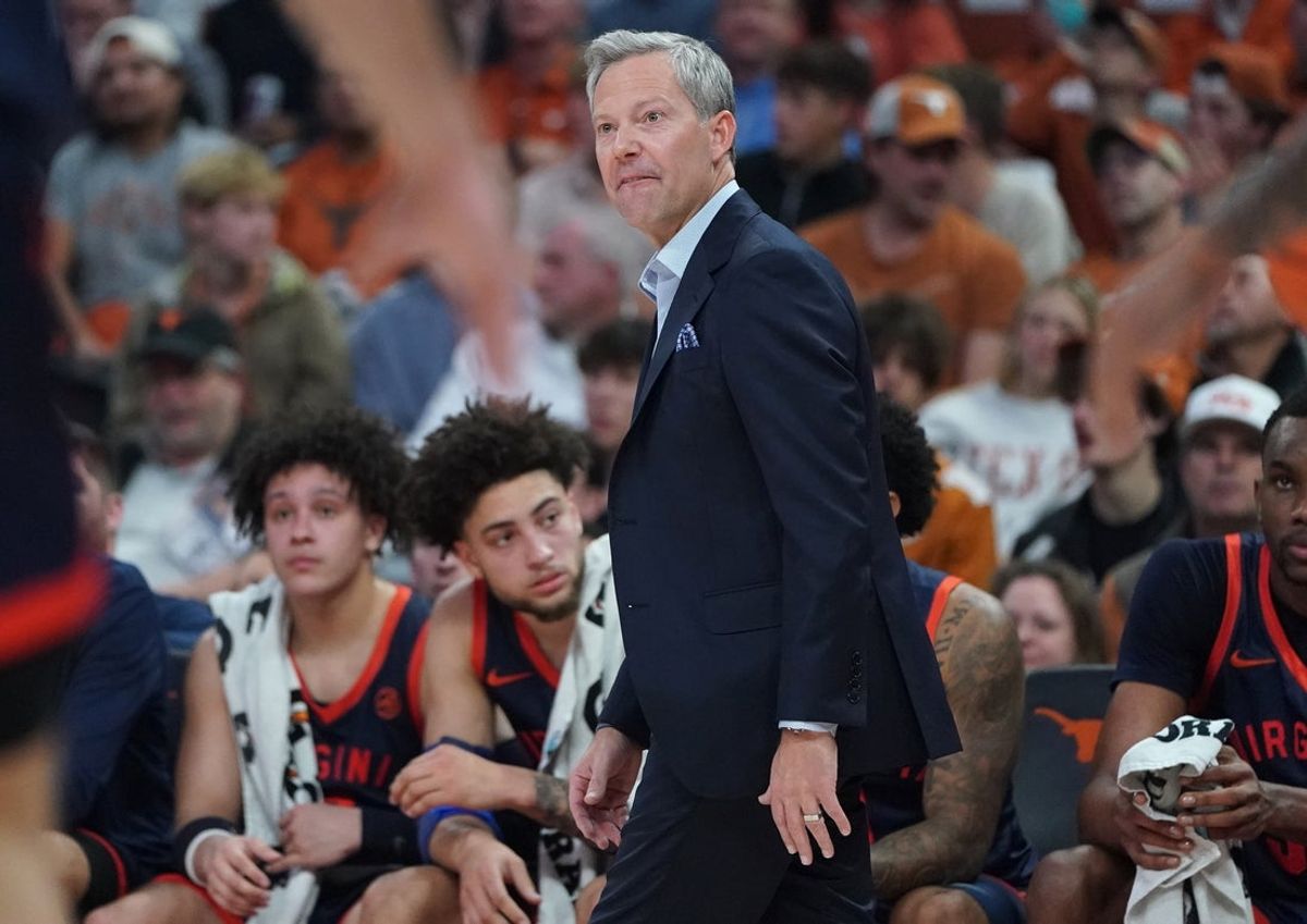 Dec 3, 2025; Austin, Texas, USA; Virginia Cavaliers head coach Ryan Odom watches gameplay during the first half against the Texas Longhorns at Moody Center. Mandatory Credit: Dustin Safranek-Imagn Images