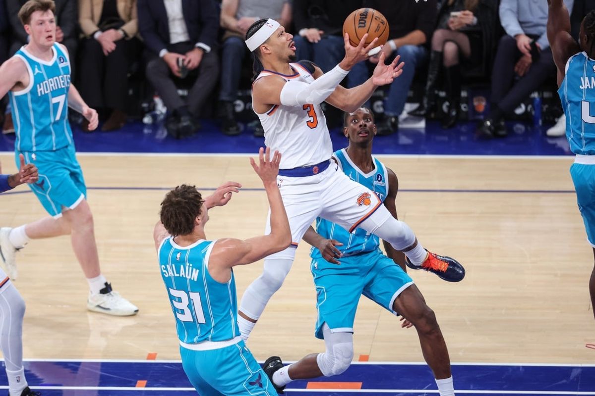 Dec 3, 2025; New York, New York, USA;  New York Knicks guard Josh Hart (3) drives to the basket in the fourth quarter against the Charlotte Hornets at Madison Square Garden. Mandatory Credit: Wendell Cruz-Imagn Images