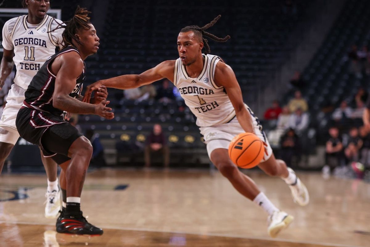 Dec 3, 2025; Atlanta, Georgia, USA; Georgia Tech Yellow Jackets guard Lamar Washington (1) drives to the basket against the Mississippi State Bulldogs in the second half at McCamish Pavilion. Mandatory Credit: Brett Davis-Imagn Images