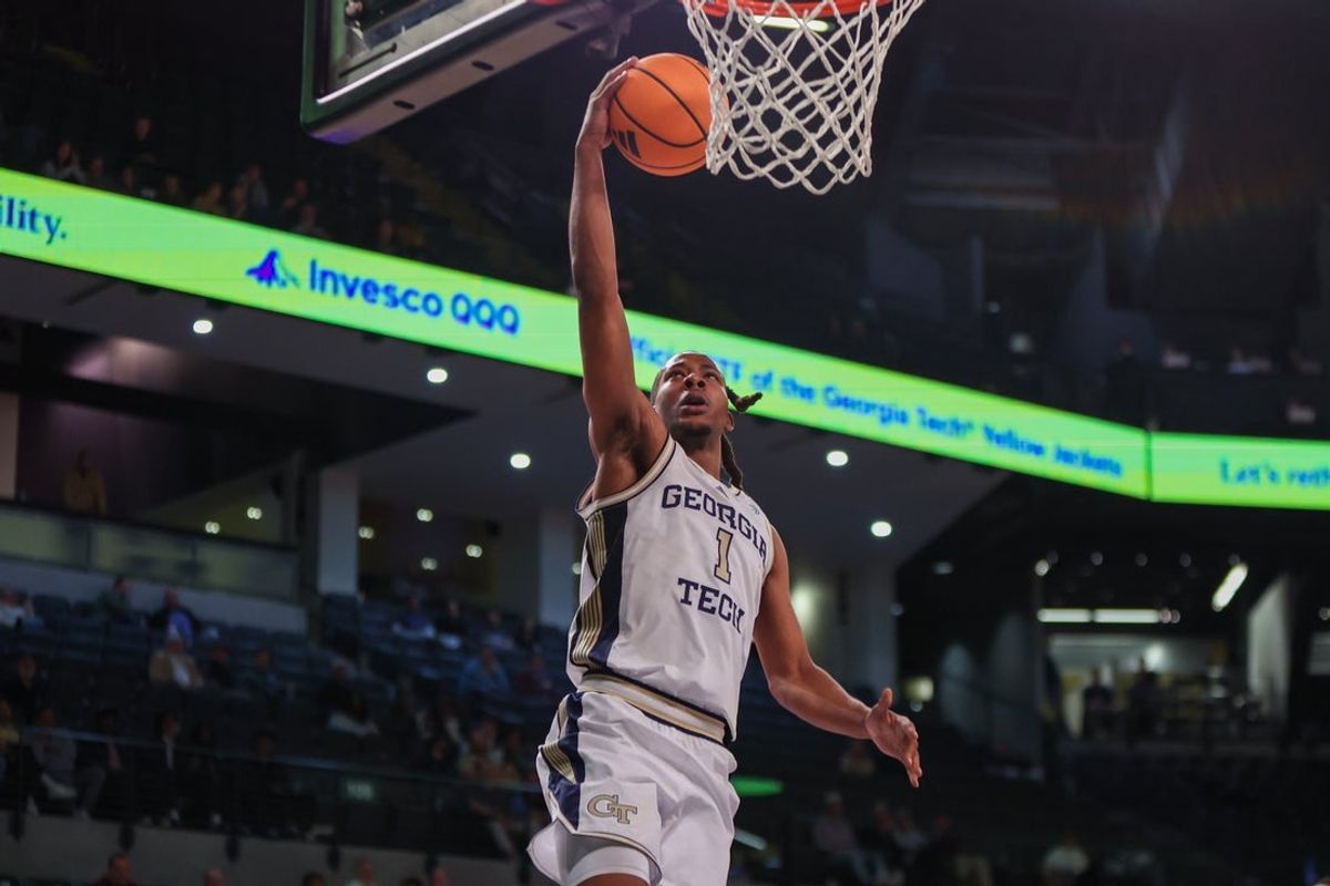 Dec 3, 2025; Atlanta, Georgia, USA; Georgia Tech Yellow Jackets guard Lamar Washington (1) shoots against the Mississippi State Bulldogs in the second half at McCamish Pavilion. Mandatory Credit: Brett Davis-Imagn Images