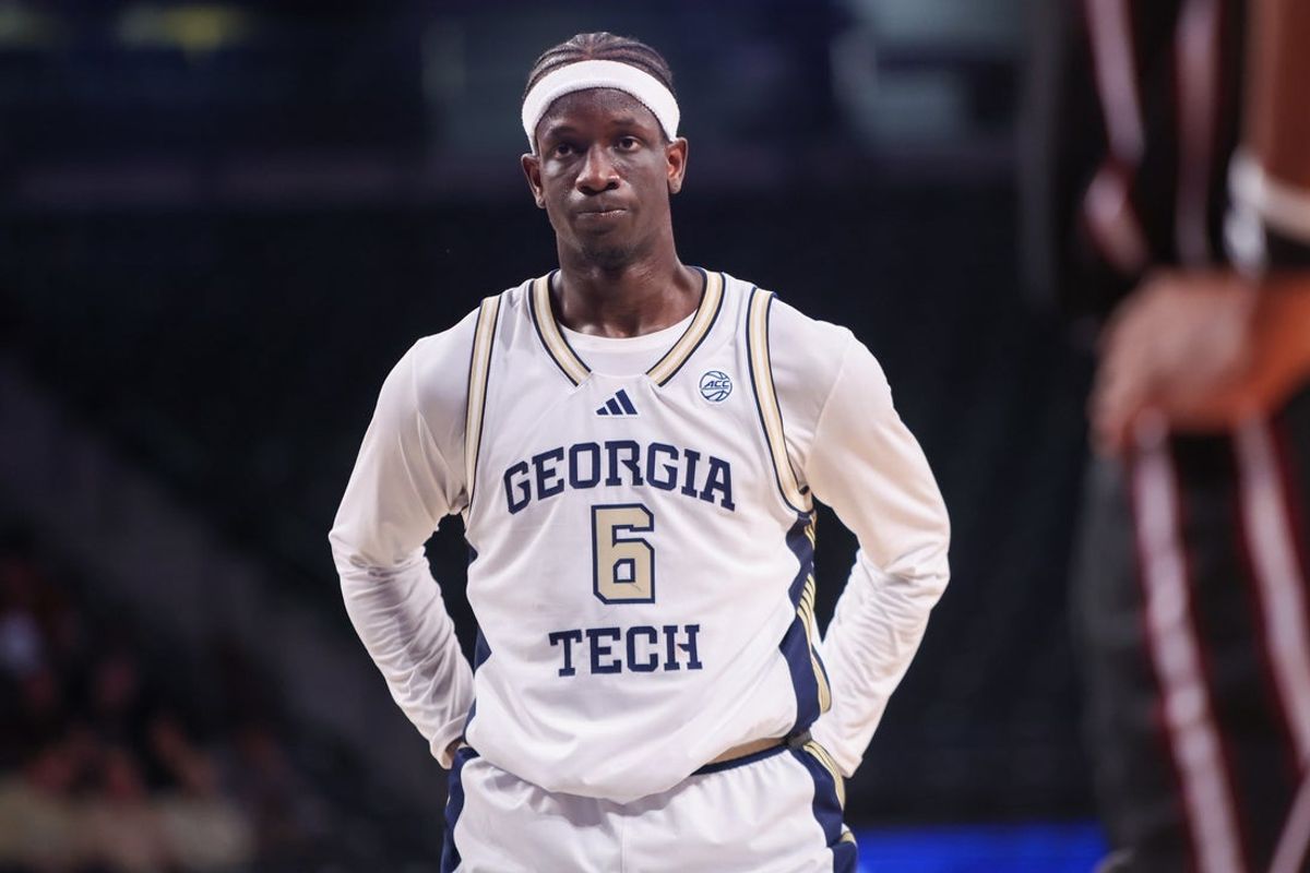 Dec 3, 2025; Atlanta, Georgia, USA; Georgia Tech Yellow Jackets center Mouhamed Sylla (6) in action against the Mississippi State Bulldogs in the second half at McCamish Pavilion. Mandatory Credit: Brett Davis-Imagn Images