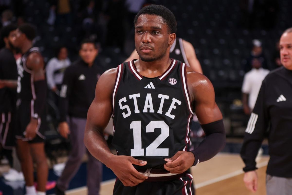 Dec 3, 2025; Atlanta, Georgia, USA; Mississippi State Bulldogs guard Josh Hubbard (12) after a victory over the Georgia Tech Yellow Jackets at McCamish Pavilion. Mandatory Credit: Brett Davis-Imagn Images
