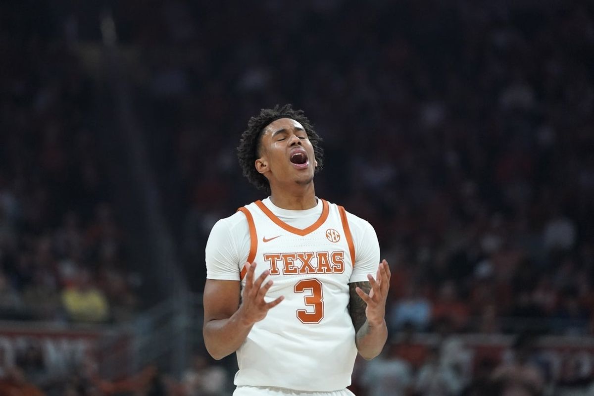Dec 3, 2025; Austin, Texas, USA; Texas Longhorns guard Dailyn Swain (3) reacts during the first half against the Virginia Cavaliers at Moody Center. Mandatory Credit: Dustin Safranek-Imagn Images