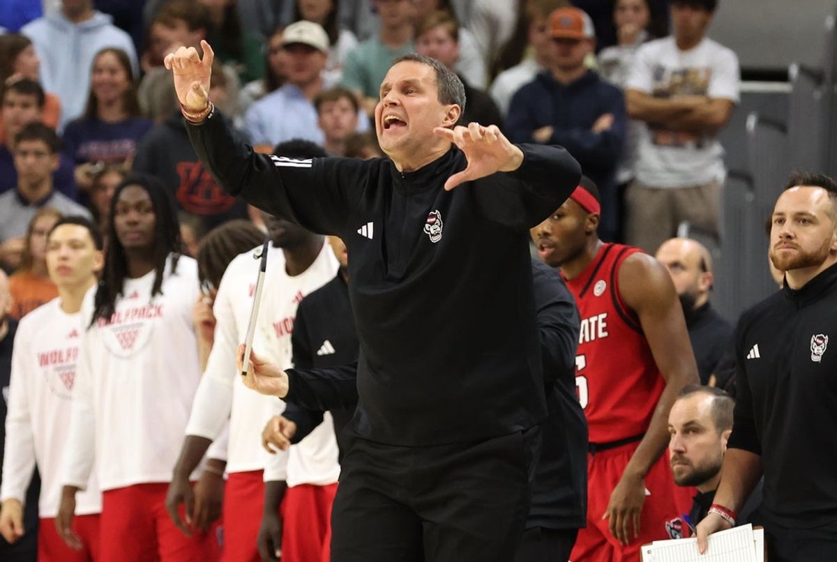 Dec 3, 2025; Auburn, Alabama, USA;  NC State Wolfpack head coach Will Wade directs his team during the first half against the Auburn Tigers at Neville Arena. Mandatory Credit: John Reed-Imagn Images