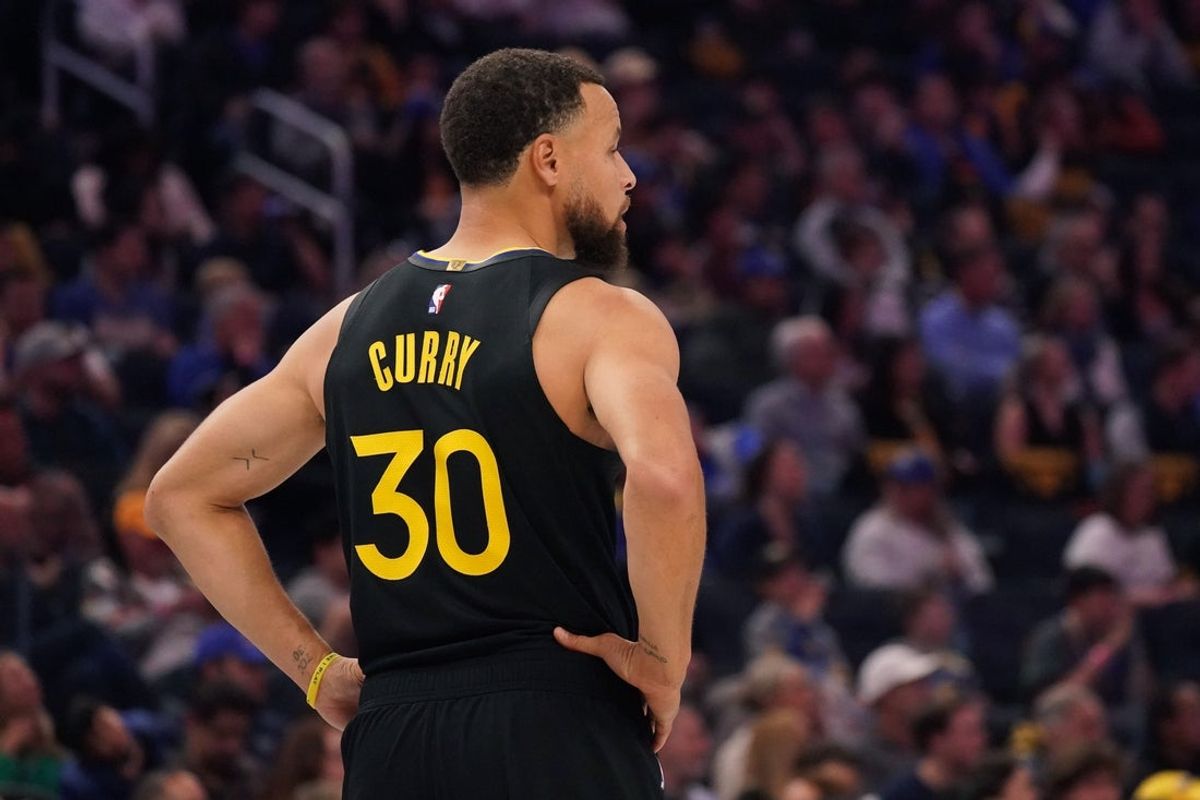 Nov 26, 2025; San Francisco, California, USA;  Golden State Warriors guard Stephen Curry (30) waits for play to resume against the Houston Rockets in the second quarter at Chase Center. Mandatory Credit: David Gonzales-Imagn Images