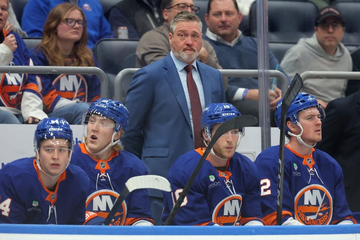 Dec 4, 2025; Elmont, New York, USA; New York Islanders head coach Patrick Roy coaches against the Colorado Avalanche during the first period at UBS Arena. Mandatory Credit: Brad Penner-Imagn Images