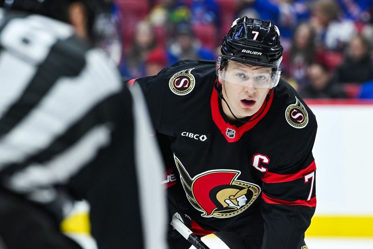 Dec 4, 2025; Ottawa, Ontario, CAN; Ottawa Senators left wing Brady Tkachuk (7) waits for a face-off against the New York Rangersduring the first period at Canadian Tire Centre. Mandatory Credit: David Kirouac-Imagn Images