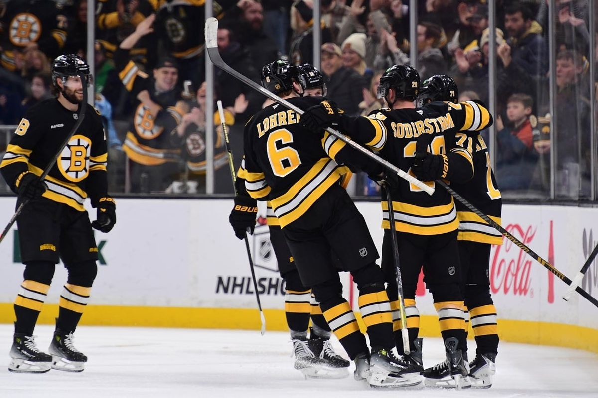 Dec 4, 2025; Boston, Massachusetts, USA; Boston Bruins left wing Viktor Arvidsson (71) celebrates his goal with his teammates during the second period against the St. Louis Blues at TD Garden. Mandatory Credit: Bob DeChiara-Imagn Images