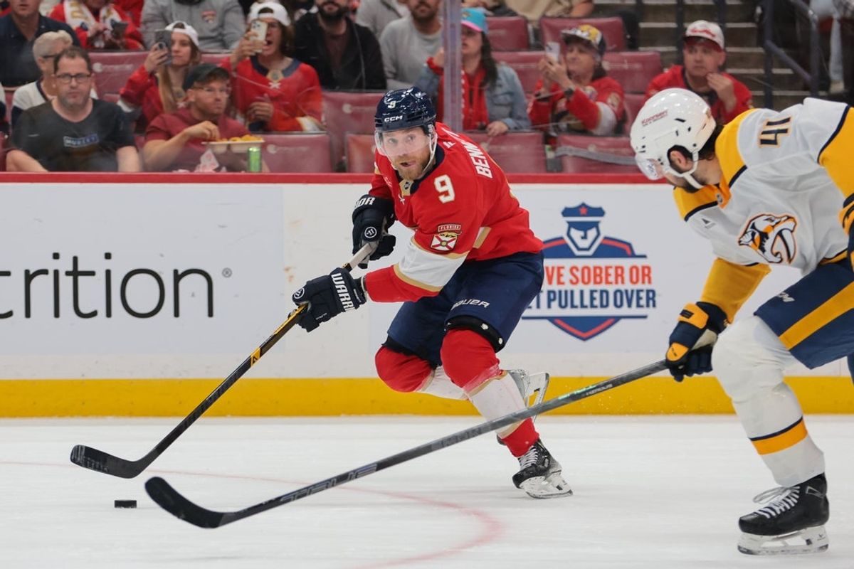 Dec 4, 2025; Sunrise, Florida, USA; Florida Panthers center Sam Bennett (9) moves the puck against the Nashville Predators during the second period at Amerant Bank Arena. Mandatory Credit: Sam Navarro-Imagn Images