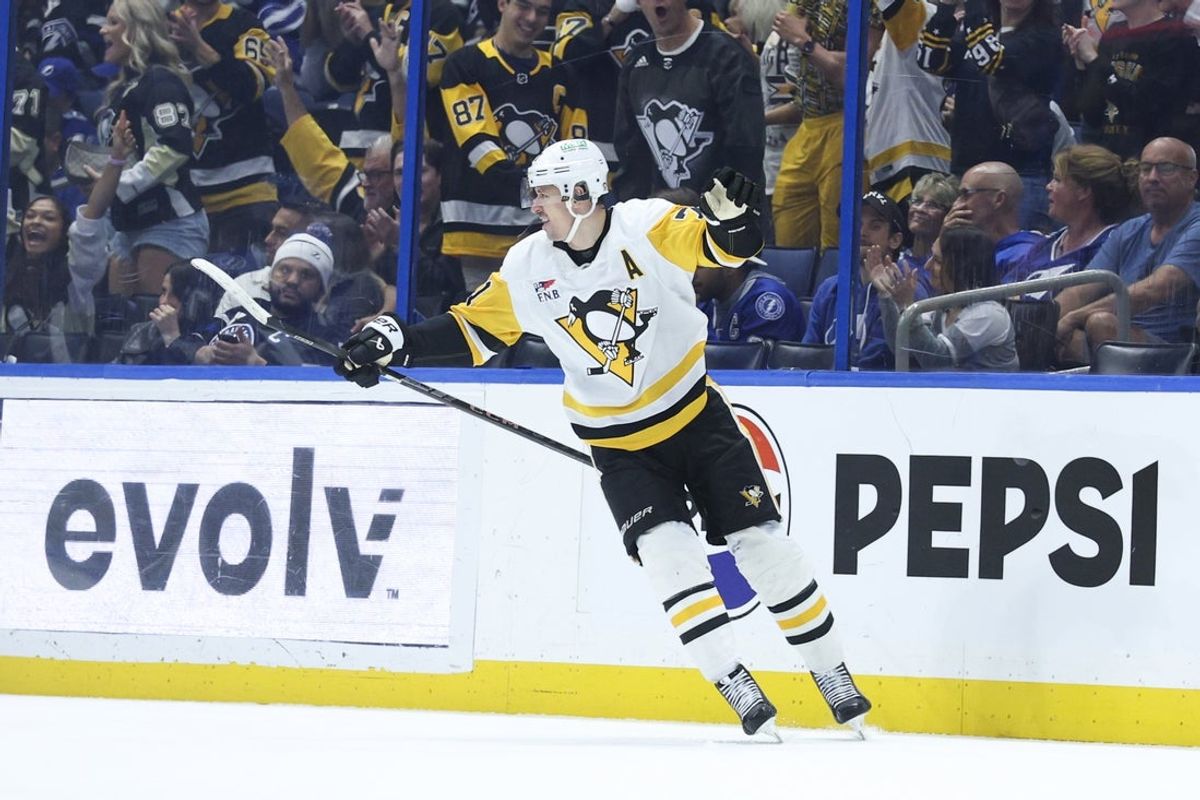 Dec 4, 2025; Tampa, Florida, USA; Pittsburgh Penguins center Evgeni Malkin (71) reacts after scoring a goal against the Tampa Bay Lightning in the third period at Benchmark International Arena. Mandatory Credit: Nathan Ray Seebeck-Imagn Images