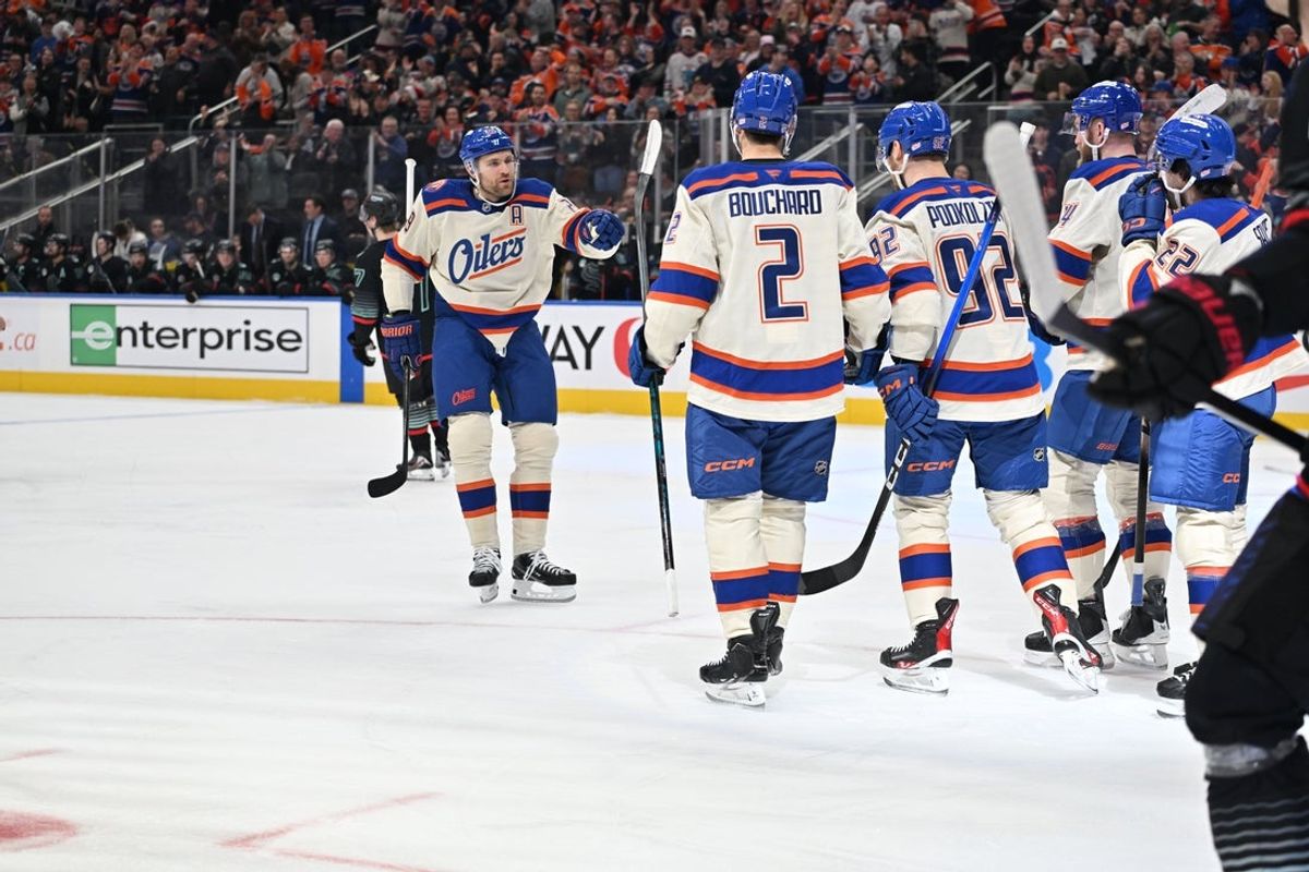 Dec 4, 2025; Edmonton, Alberta, CAN; Edmonton Oilers center Leon Draisaitl (29 celebrates a goal on Seattle Kraken goalie Joey Daccord (35) during the first period at Rogers Place. Mandatory Credit: Walter Tychnowicz-Imagn Images