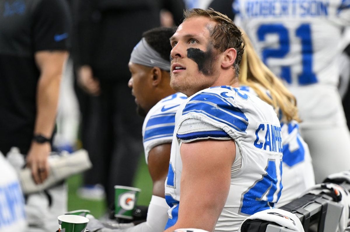 Dec 4, 2025; Detroit, Michigan, USA; Detroit Lions linebacker Jack Campbell (46) during the first half against the Dallas Cowboys at Ford Field. Mandatory Credit: Lon Horwedel-Imagn Images