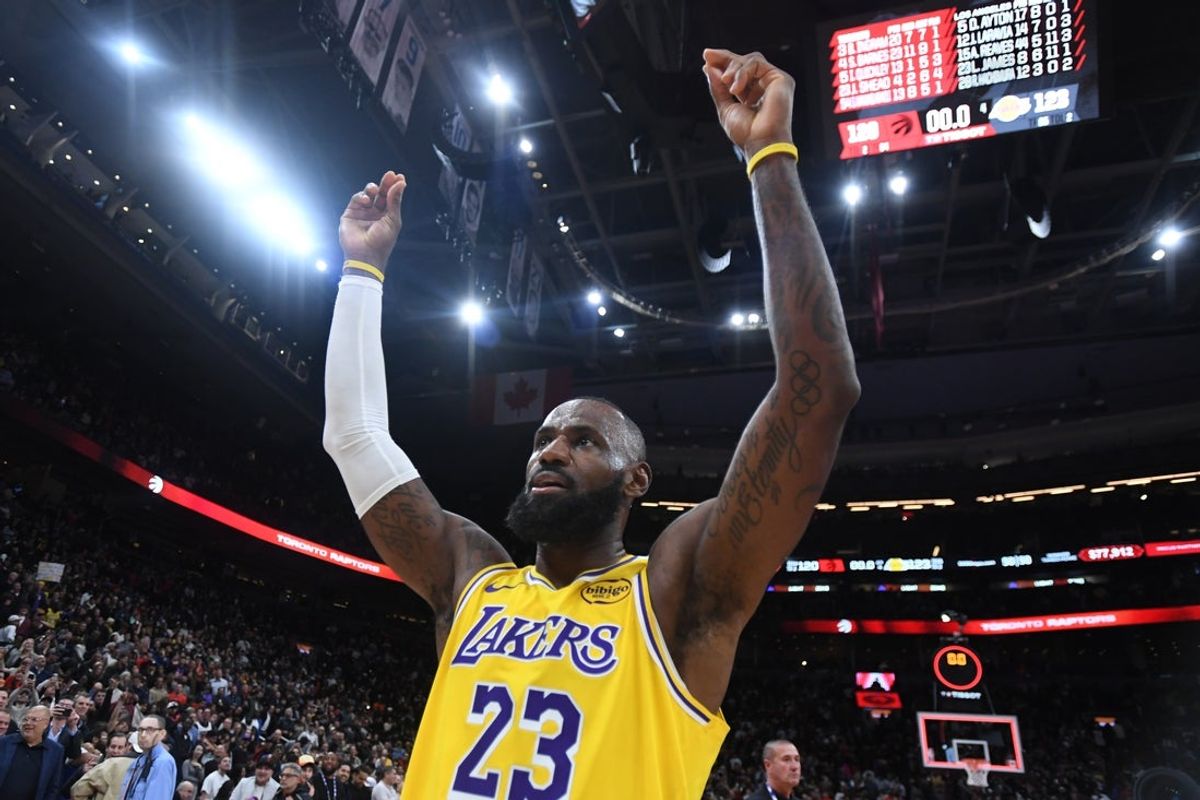 Dec 4, 2025; Toronto, Ontario, CAN; Los Angeles Lakers forward LeBron James (23) reacts after a win over the Toronto Raptors at Scotiabank Arena. Mandatory Credit: Dan Hamilton-Imagn Images