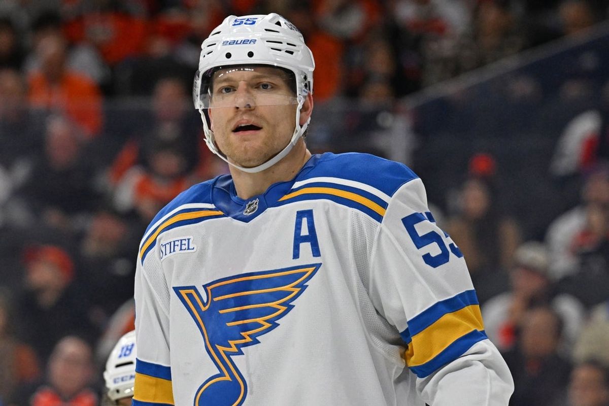 Nov 20, 2025; Philadelphia, Pennsylvania, USA; St. Louis Blues defenseman Colton Parayko (55) against the Philadelphia Flyers at Xfinity Mobile Arena. Mandatory Credit: Eric Hartline-Imagn Images