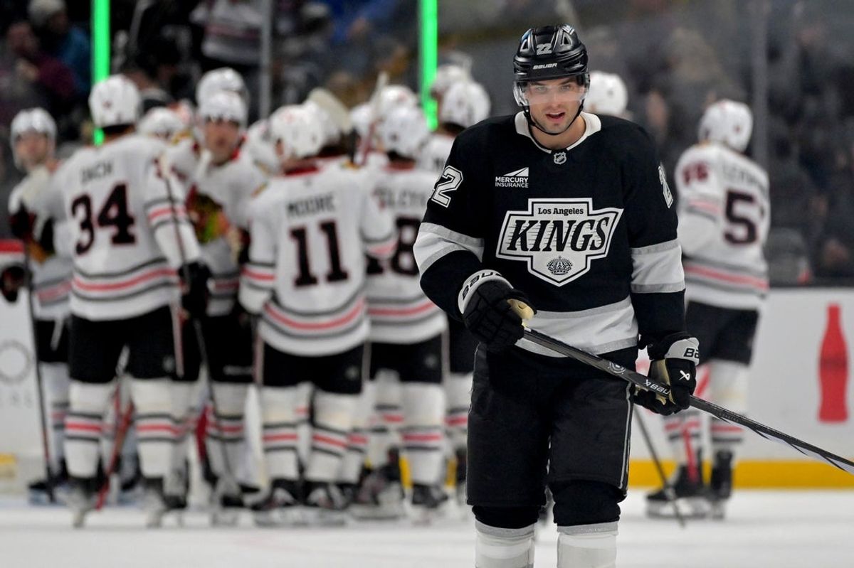 Dec 4, 2025; Los Angeles, California, USA; Los Angeles Kings left wing Kevin Fiala (22) skates to the bench as the Chicago Blackhawks celebrate a 2-1 win at Crypto.com Arena. Mandatory Credit: Jayne Kamin-Oncea-Imagn Images